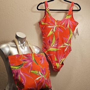 Old Navy Pink and Orange Swimsuit W/tote. Size Medium NWT